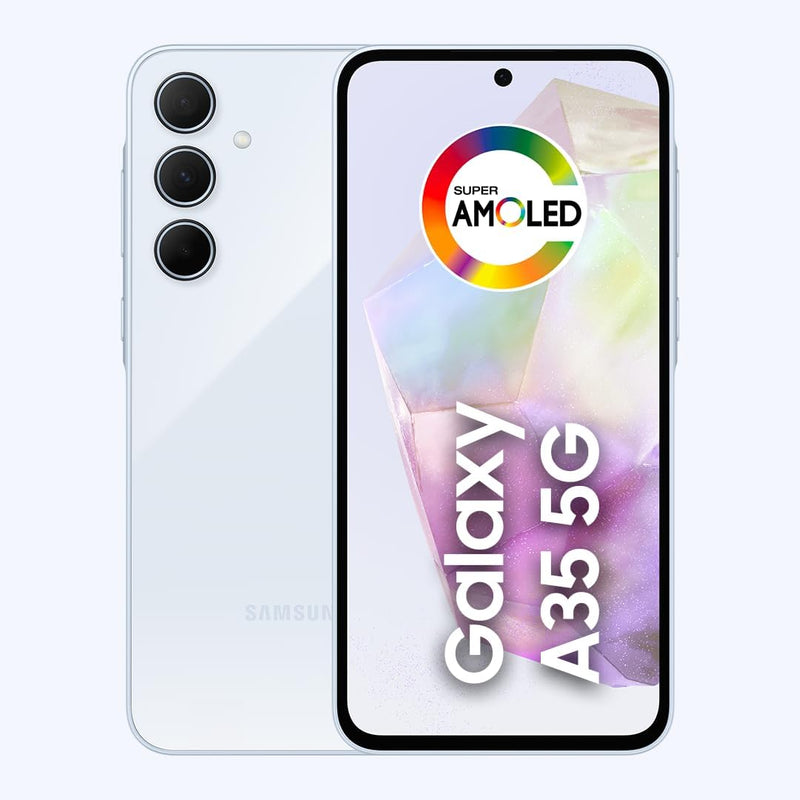 Samsung Galaxy A35 5G, Câmera Tripla Traseira de até 50MP, Selfie de 13MP, Nightography, Apagador de objetos, Design em vidro e IP67, Tela Super AMOLED de 6.6" 120Hz Vision Booster, 128GB - Azul Claro