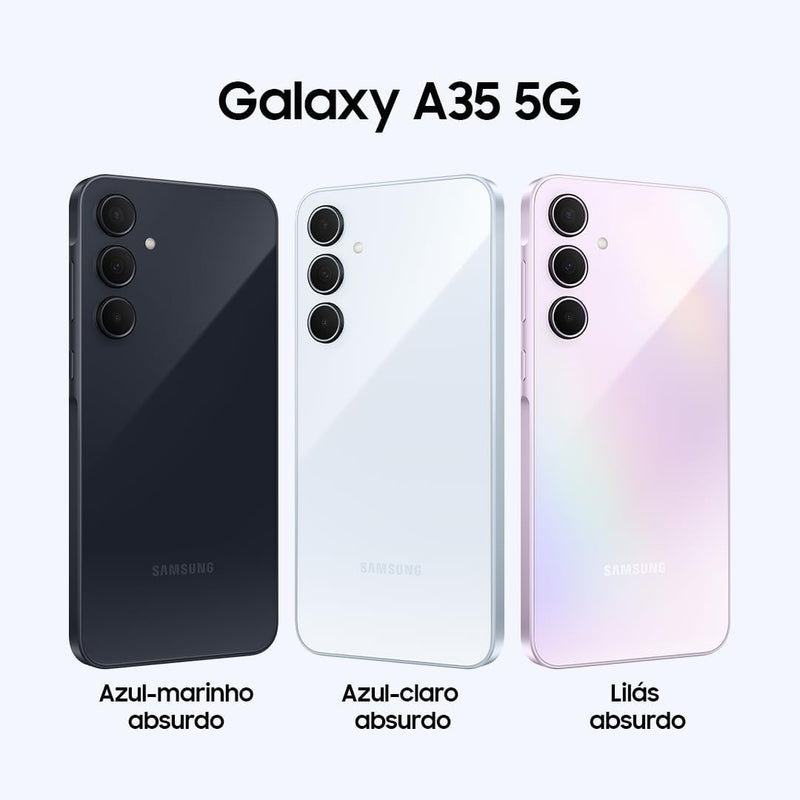 Samsung Galaxy A35 5G, Câmera Tripla Traseira de até 50MP, Selfie de 13MP, Nightography, Apagador de objetos, Design em vidro e IP67, Tela Super AMOLED de 6.6" 120Hz Vision Booster, 128GB - Azul Claro