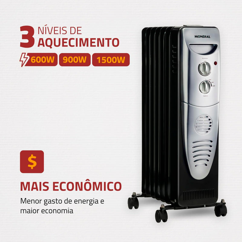 Aquecedor a Óleo, Mondial, Preto/Prata, 1500W, 110V - A-06