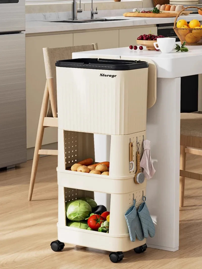 “Lixeira para cozinha, alta capacidade, tampa corrediça, com rodinhas, dois compartimentos.”