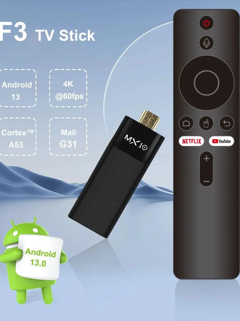 Ultra HD 4K Android TV Stick MX10-F3 Mini TV Stick Doméstico H313 Quad Core Suporte Wi-Fi Dual 2.4/5G 2GB RAM 16GB ROM