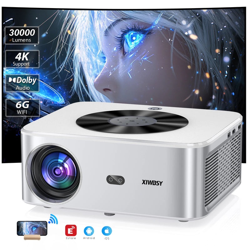 Projetor Inteligente XIWBSY 2025 30000 Lúmens 4K Auto Foco, Projetor LED com Wifi 6, Vídeo Home Theater, Bluetooth, Beamer Portátil, Projetor