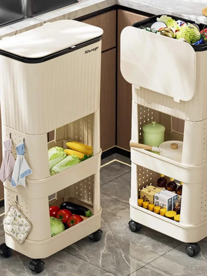 “Lixeira para cozinha, alta capacidade, tampa corrediça, com rodinhas, dois compartimentos.”