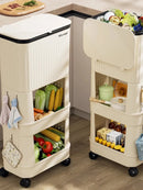 “Lixeira para cozinha, alta capacidade, tampa corrediça, com rodinhas, dois compartimentos.”