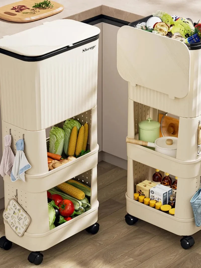 “Lixeira para cozinha, alta capacidade, tampa corrediça, com rodinhas, dois compartimentos.”