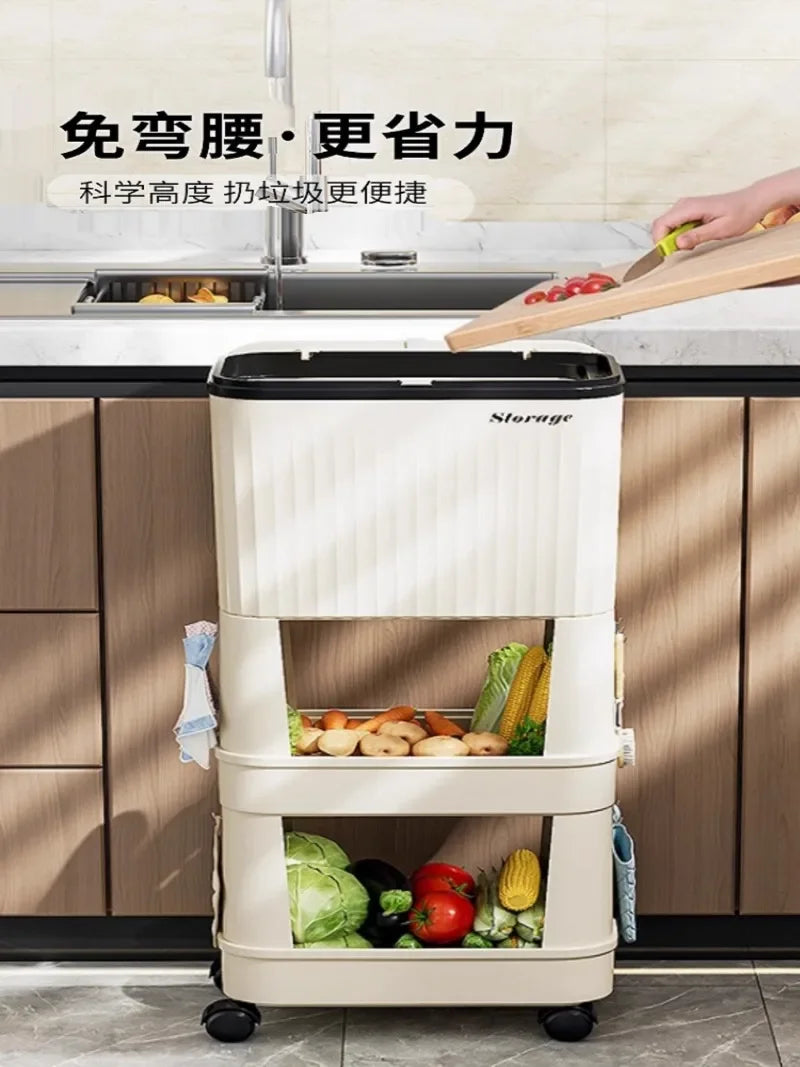 “Lixeira para cozinha, alta capacidade, tampa corrediça, com rodinhas, dois compartimentos.”