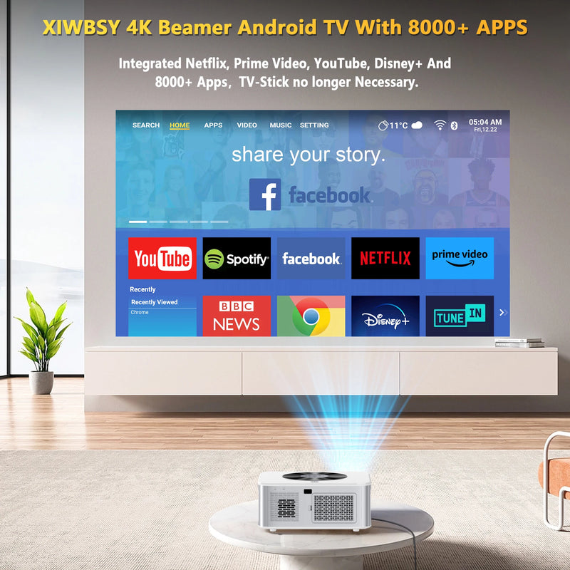 Projetor Inteligente XIWBSY 2025 30000 Lúmens 4K Auto Foco, Projetor LED com Wifi 6, Vídeo Home Theater, Bluetooth, Beamer Portátil, Projetor