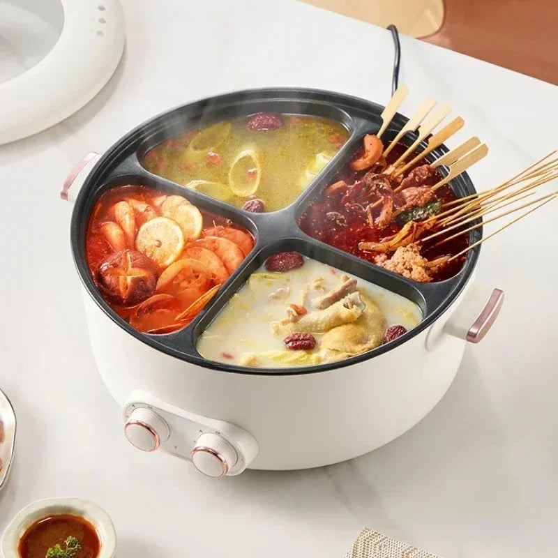 Panela Elétrica Multifuncional Colorida em Formato de Pato-Mandarim com Quatro Divisórias, Capacidade de 6 Litros, Integrada para Uso Doméstico.